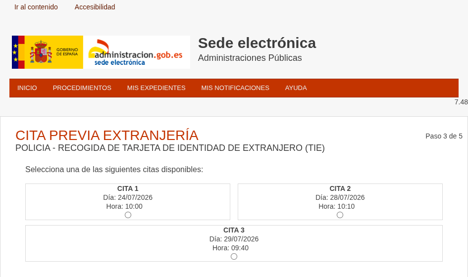 Captura del sitio oficial con las citas disponibles